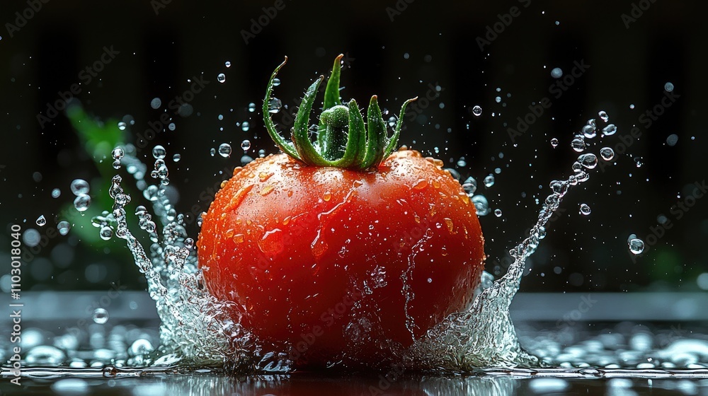 Poster Juicy red tomato splashing in water creating dynamic droplets and intense color burst against a dark background