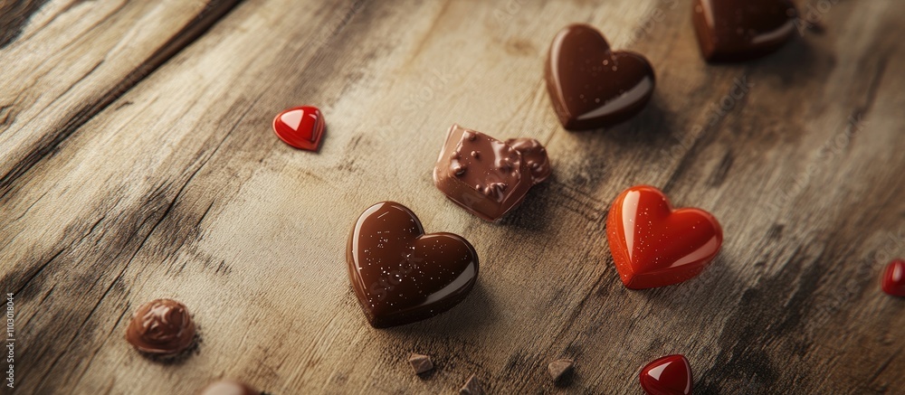 Poster Assorted heart-shaped chocolates scattered on a rustic wooden surface creating a romantic and inviting atmosphere.