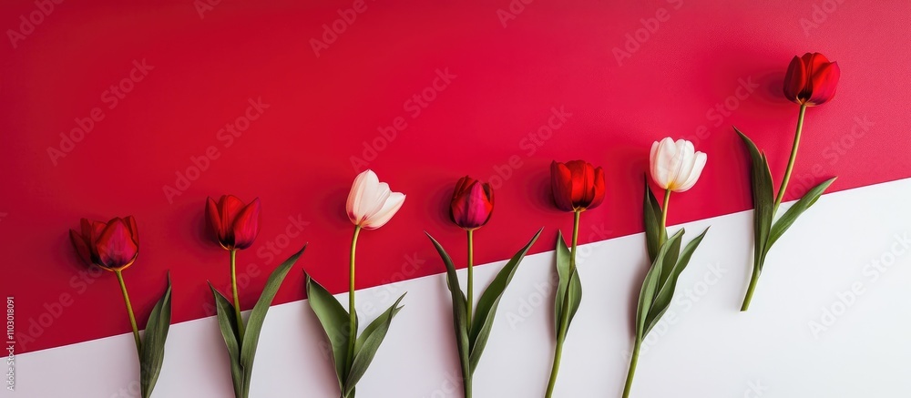 Poster creative arrangement of colorful tulips on a contrasting red and white background for floral design 