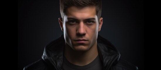 Obraz premium Close up portrait of a serious young man in a black jacket gazing at the camera against a dark background showcasing human emotions and feelings