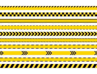 Set of caution bands for work places. Barrier tapes for danger zones. Warning yellow black ribbons. Danger tapes under hazard construction. Seamless striped boundary lines. Vector illustration