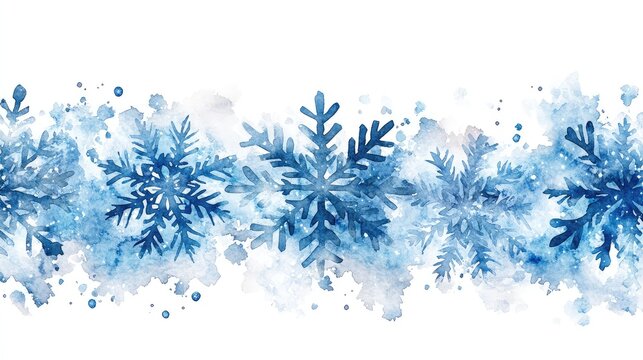 Hand-Drawn Watercolor Illustration of Blue Snowflakes Seamless Border