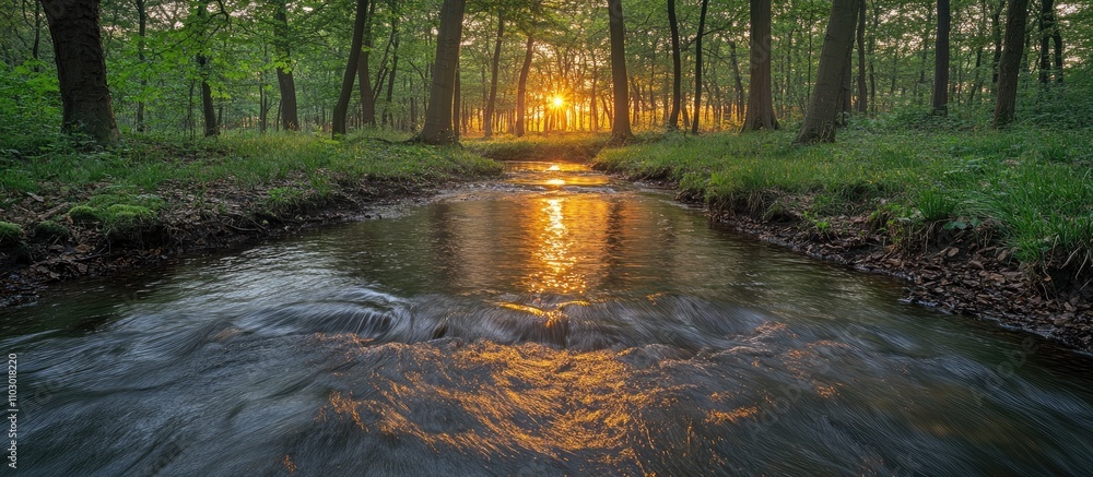 Aufkleber tranquil canal ditch reflecting sunset through lush greenery in a serene forest setting on a beautif