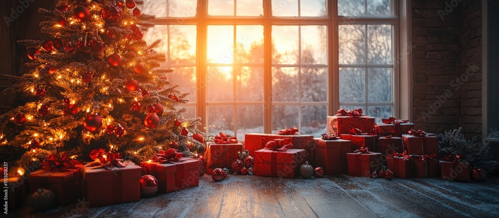 Poster cozy christmas scene with decorated tree and stacked presents near a sunlit window creating a warm f