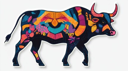 Obraz premium Bull Patch Sticker with Stitched Patchwork Icon on Transparent PNG Background