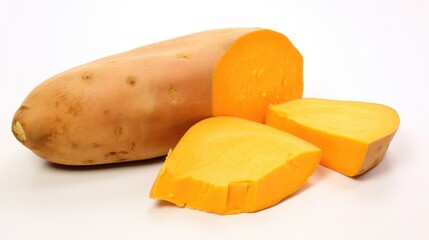 Orange sweet potato yam with slices showcasing its vibrant color ideal for culinary use isolated on white background with space for text