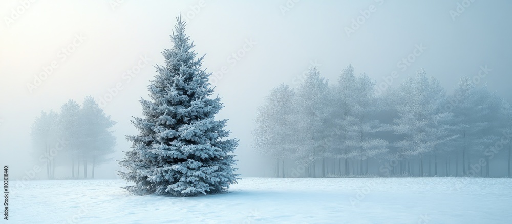 Poster winter landscape featuring a solitary snow-covered evergreen tree in a foggy forest setting with a s