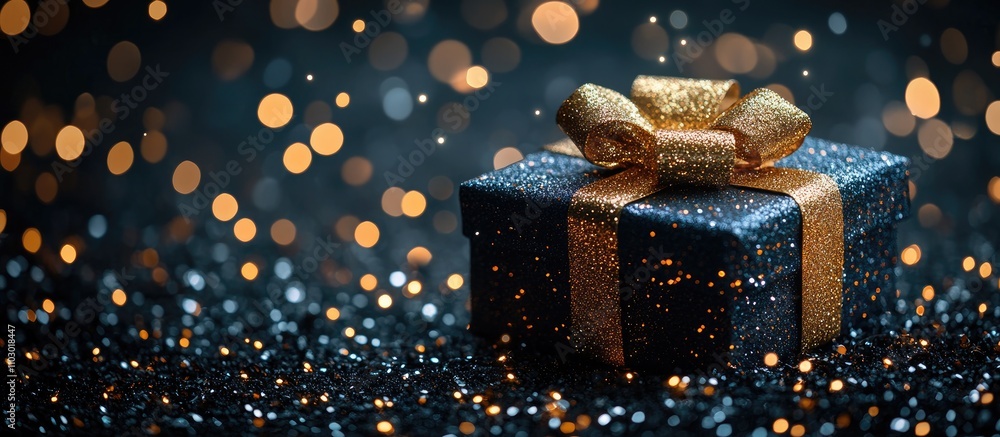 Poster elegant black gift box with golden bow surrounded by sparkling lights on a dark background festive h