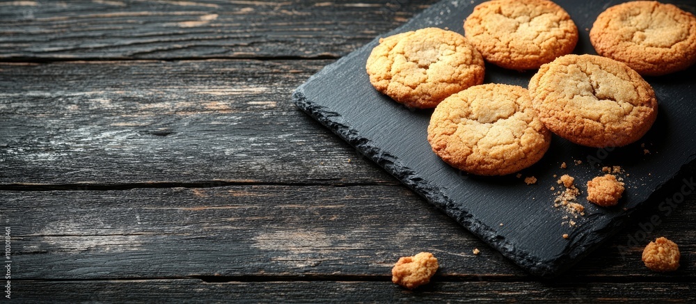 Poster freshly baked cookies on a dark slate serving board against a rustic wooden background with crumbs s