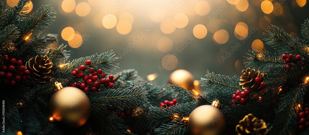 Poster christmas and new year festive backdrop with fir tree wreath berries golden ornaments and sparkling 