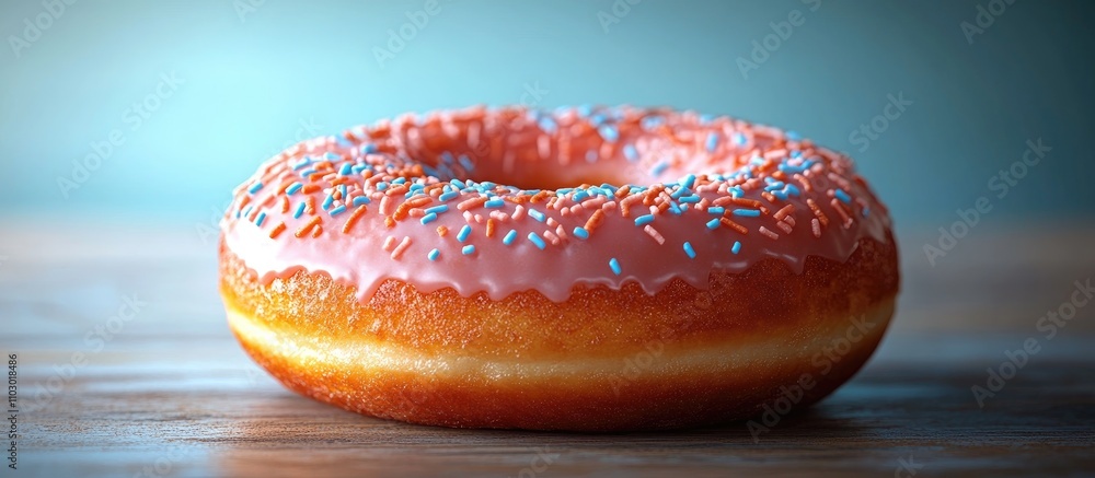 Poster Sprinkle topped doughnut on rustic wood with light blue background creating a vibrant and appetizing dessert scene