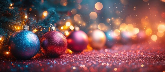 Vibrant collection of neon Christmas ornaments on festive backdrop with sparkling lights and bokeh effects for holiday decoration concepts