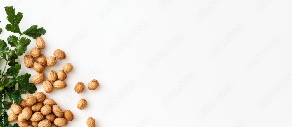 Poster nuts and greenery on a white background with ample space for text or product display in a clean and 