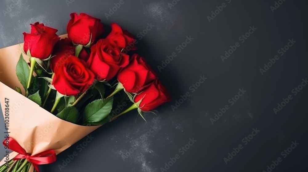 Poster red rose bouquet in craft paper with ribbon on dark background suitable for greetings and messages f