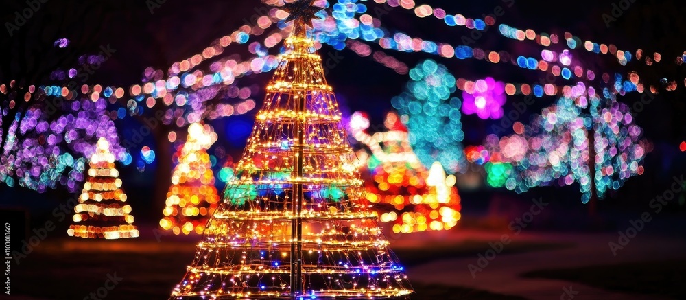 Poster christmas tree lights glowing in the night with vibrant abstract bokeh background creating a festive