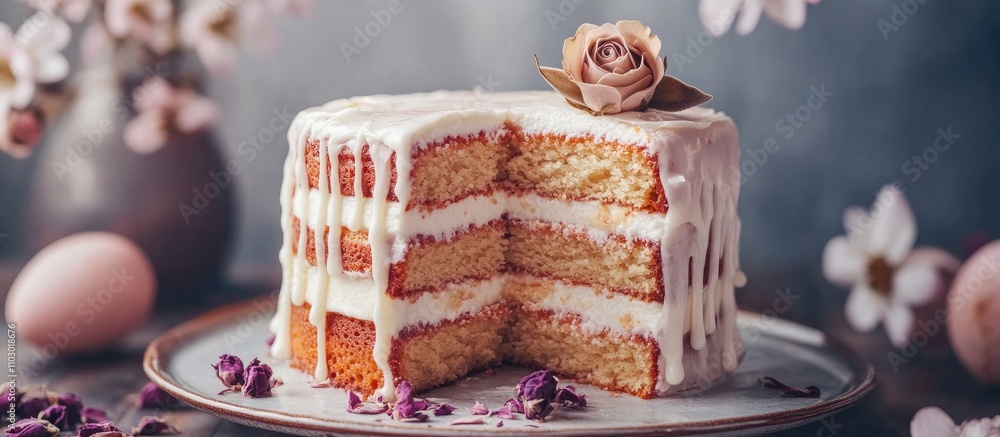 Poster rustic easter cake layered with creamy icing and decorated with a dry rose bud on a textured backgro