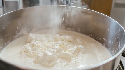 Milk being cooked in a stainless steel tank with curds forming, highlighting the cheese production process in a food industry setting.