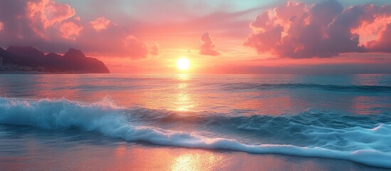 Fototapeta premium Tranquil sunrise over the ocean with soft waves reflecting vibrant colors and dramatic clouds creating a serene coastal atmosphere