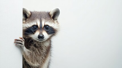 Obraz premium Image of a Curious Raccoon Peeking from Behind a White Wall During Daytime in a Domestic Setting