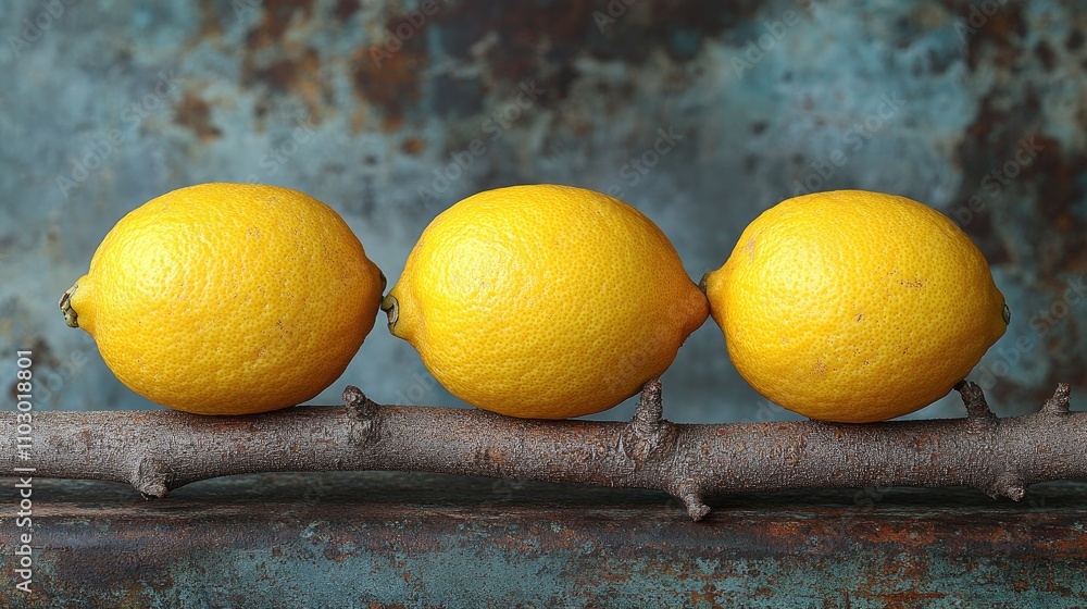 Poster three fresh lemons arranged on a twig against a rustic textured background for a vibrant and natural