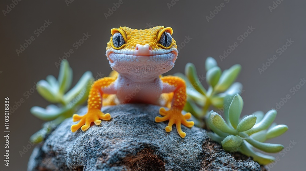 Poster close-up of a vibrant eublepharis macularius leopard gecko perched on a rock with succulents in a bl