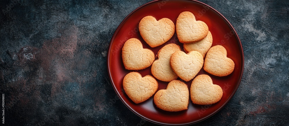 Poster heart-shaped glazed cookies arranged on a red plate with a textured stone background creating a cozy