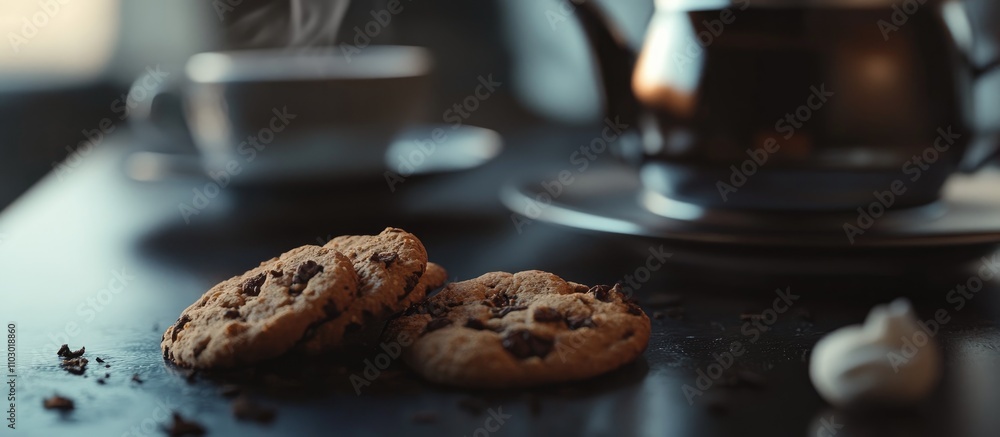 Poster cookies and steaming black tea on a cozy table setting evoking warmth and indulgence in a delightful