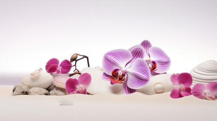 Fototapeta na wymiar Decorative seashells and vibrant orchids arranged on soft sand against a smooth white backdrop creating a serene coastal ambiance.
