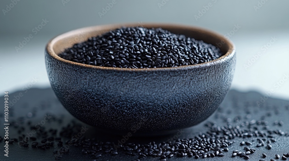 Poster black sesame seeds in a dark bowl surrounded by scattered seeds on a textured surface viewed from ab
