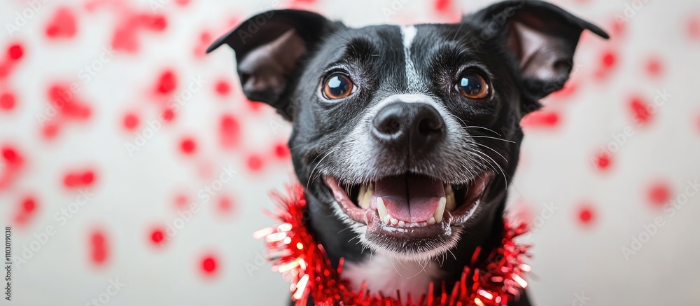 Poster festive dog wearing red christmas tinsel with joyful expression surrounded by a backdrop of red deco