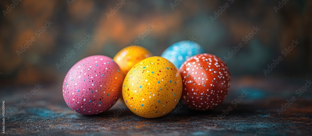 Poster Colorful speckled Easter eggs arranged artistically on a textured surface creating a festive and vibrant seasonal atmosphere.