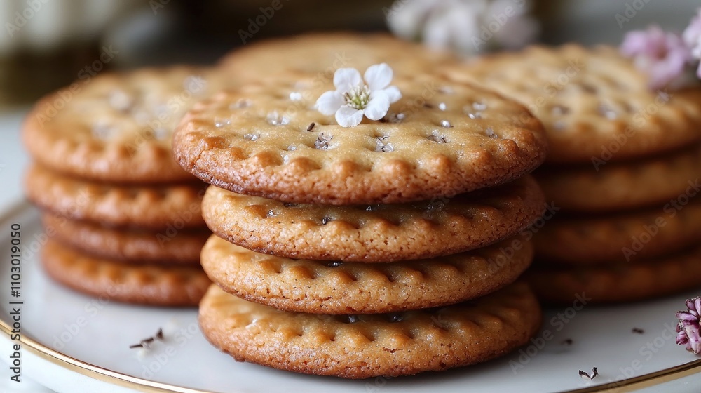 Poster homemade cookies stacked on a plate with delicate flowers on top isolated on a white background clos