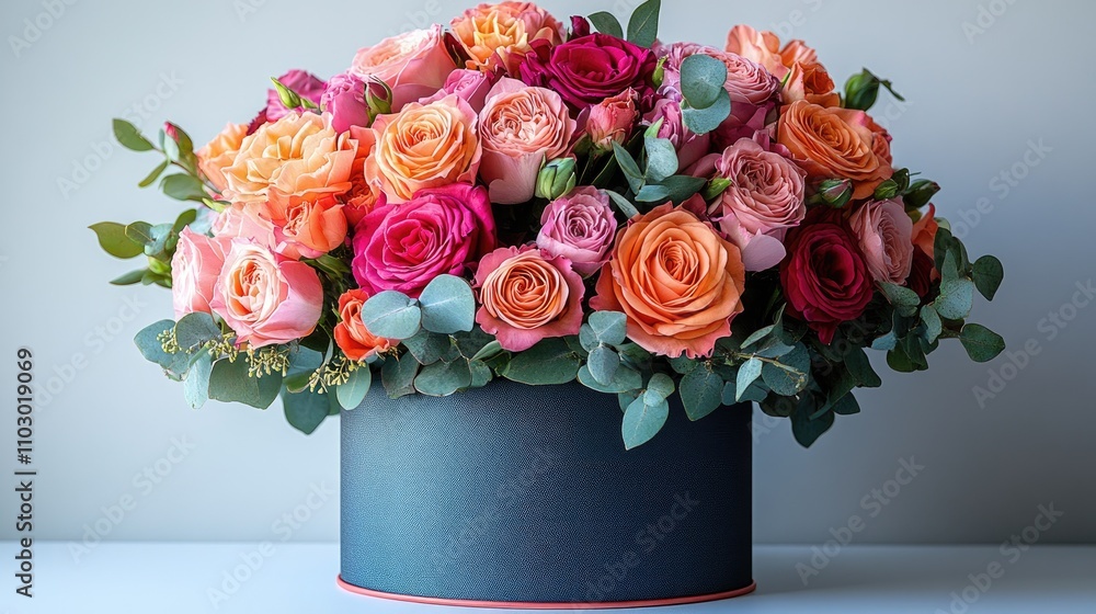Poster vibrant floral arrangement in a hat box showcasing assorted roses and greenery on a white background