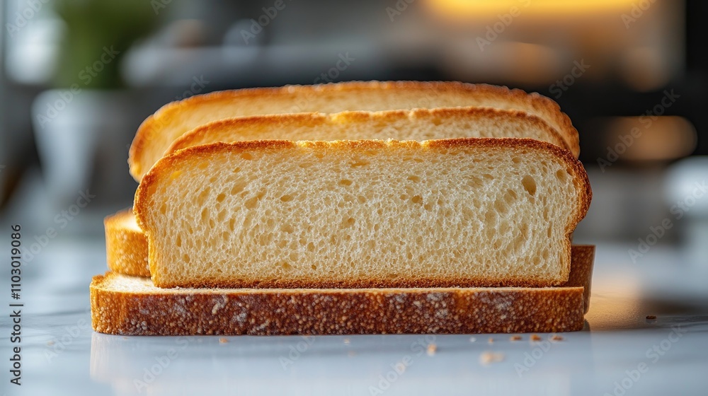 Poster Sliced white bread displayed on a clean surface highlighting its texture and freshness against a minimalist background
