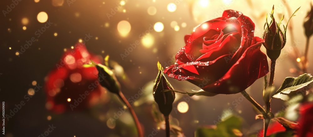 Aufkleber close up of vibrant red roses with sparkling bokeh and droplets for a romantic card design or floral