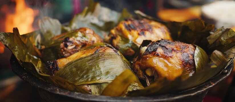 Chicken juane wrapped in bijao leaves showcasing traditional Peruvian jungle cuisine during San Juan celebrations in vibrant outdoor setting.