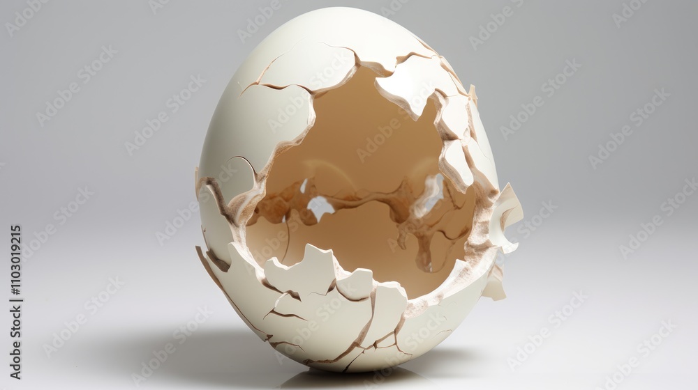 Poster Cracked eggshell revealing interior texture with intricate patterns and soft lighting on a neutral background