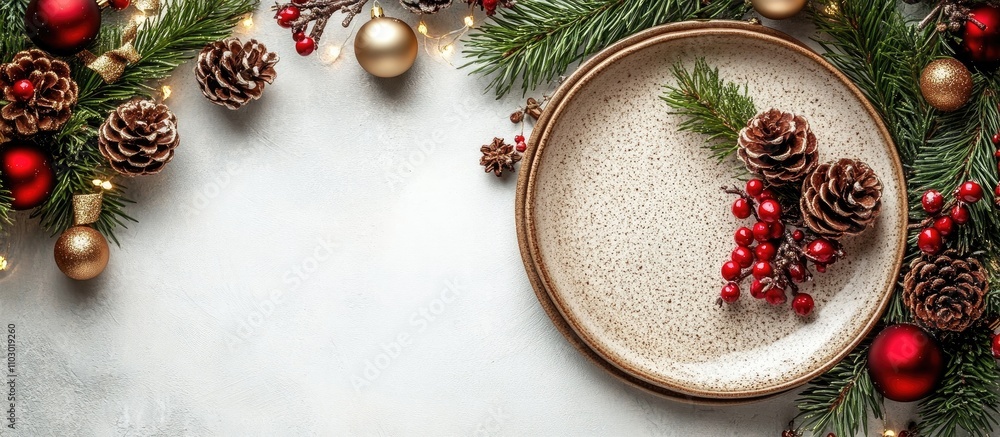 Poster rustic empty plate with holiday decor and pine branches on a white background ideal for festive tabl
