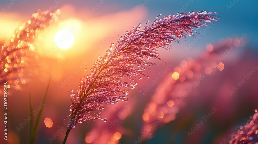 Poster Close up of dew-covered grass flower at sunrise with warm bokeh background creating a serene and tranquil natural scene