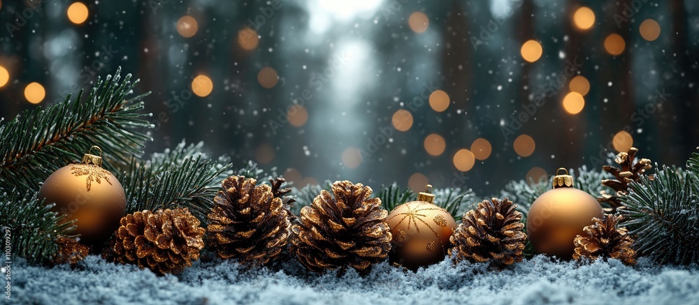 Poster cozy christmas background with golden ornaments pinecones and snow creating a festive holiday atmosp