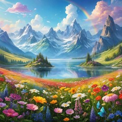 Vibrant Flower Meadow Stretching to Serene Lake with Snow-Capped Mountains