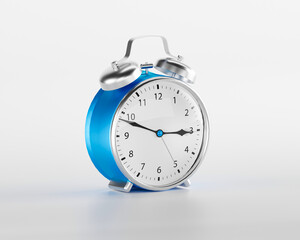 Single blue vintage analog alarm clock on blue background. Wake-up and good morning concept. Punctuality. Countdown and deadline. Sleeping time. Daily regime. Business planning. 3d rendering.