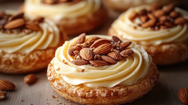 Delicious close up of pastry topped with butter cream and almonds on a neutral background showcasing dessert indulgence and gourmet appeal