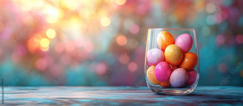 Poster Colorful Easter eggs in a glass container on a table with a vibrant blurred background representing spring festivities.