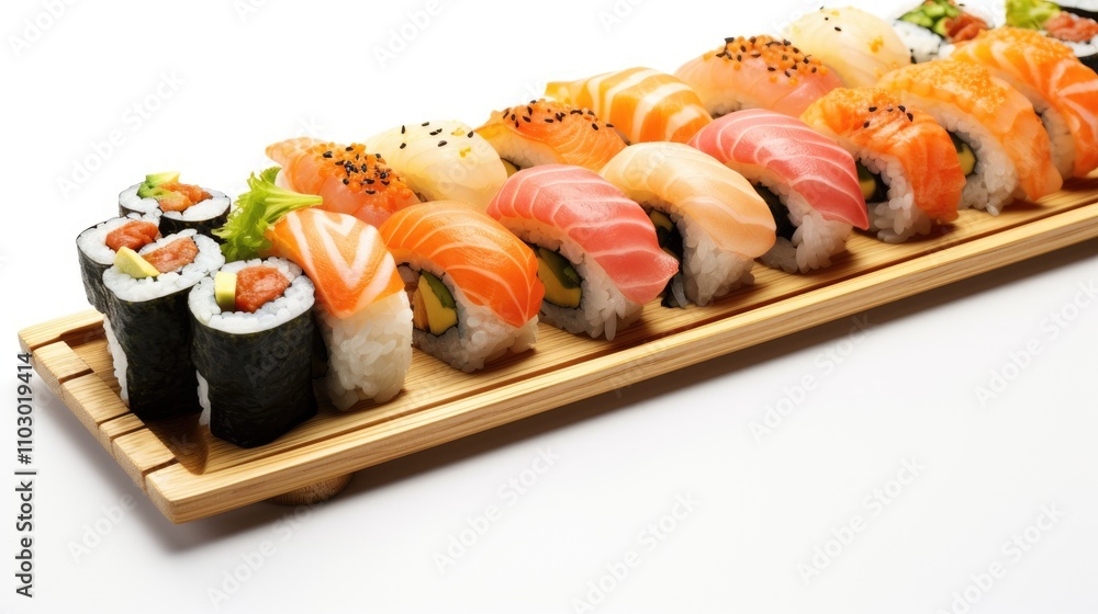 Aufkleber Sushi platter featuring an array of colorful rolls and sashimi presented on a wooden tray isolated on a clean white background