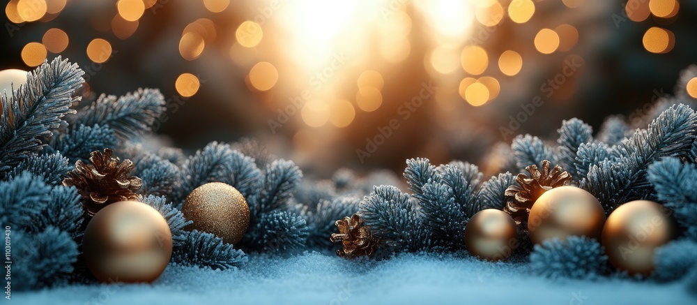 Poster elegant holiday decor arrangement with pine branches golden ornaments and soft bokeh lights creating