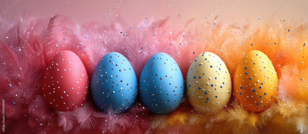 Poster colorful easter eggs nestled in vibrant feathers creating a festive and cheerful spring decoration a