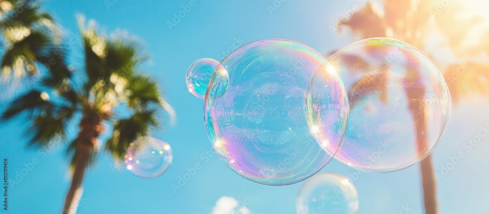 Aufkleber large colorful soap bubbles floating in the sky with palm trees against a bright blue background sym