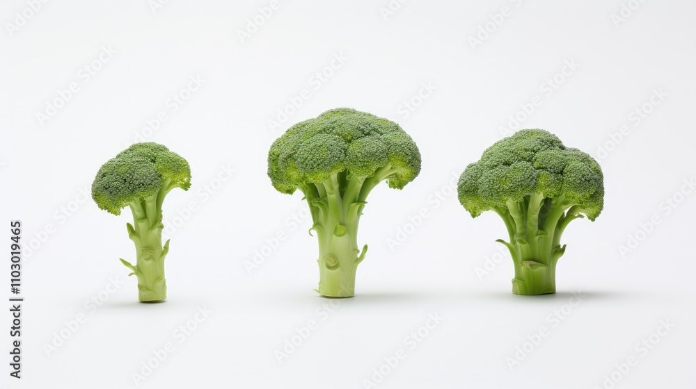 Aufkleber three sizes of fresh broccoli heads arranged on a white background showcasing its unique textures an
