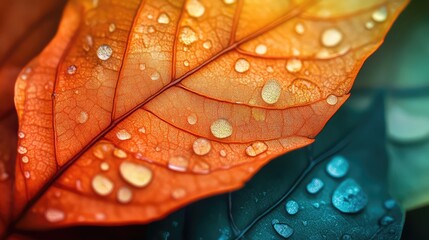 Fototapeta premium Macro Photography of Flowing Abstract Orange and Teal Leaf Patterns